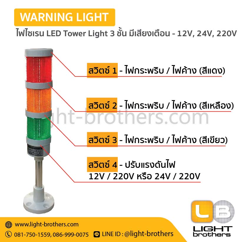 ไฟไซเรน LED Tower Light 3 ชั้น มีเสียงเตือน - 12V, 24V, 220V - Image 4