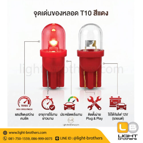 หลอดไฟหรี่ LED ขั้วเสียบ T10 1 จุด 12V - แสงสีแดง Red - Image 2