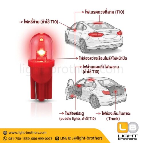 หลอดไฟหรี่ LED ขั้วเสียบ T10 1 จุด 12V - แสงสีแดง Red - Image 3
